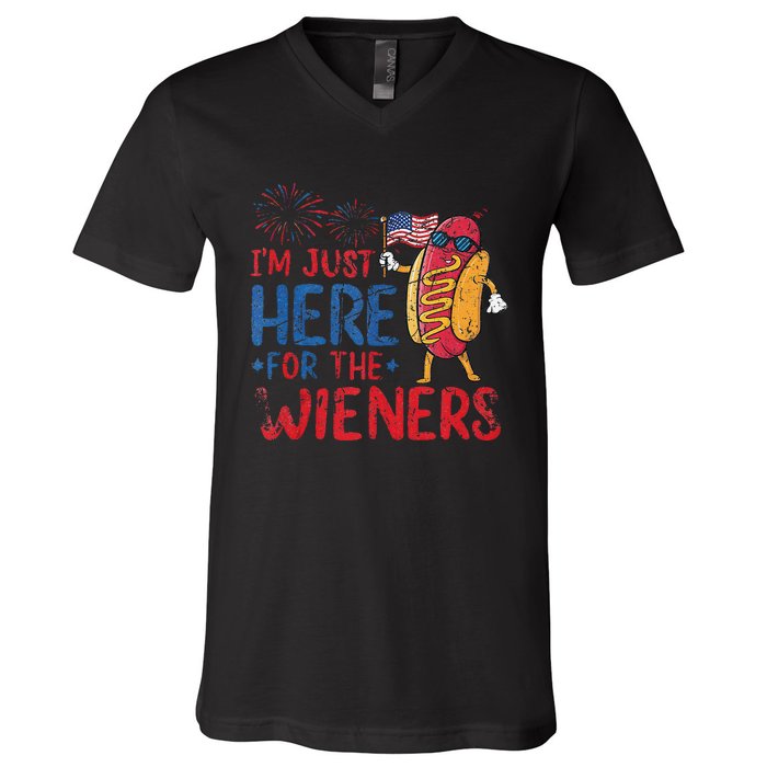 Funny Hot Dog IM Just Here For The Wieners 4th Of July Gift V-Neck T-Shirt