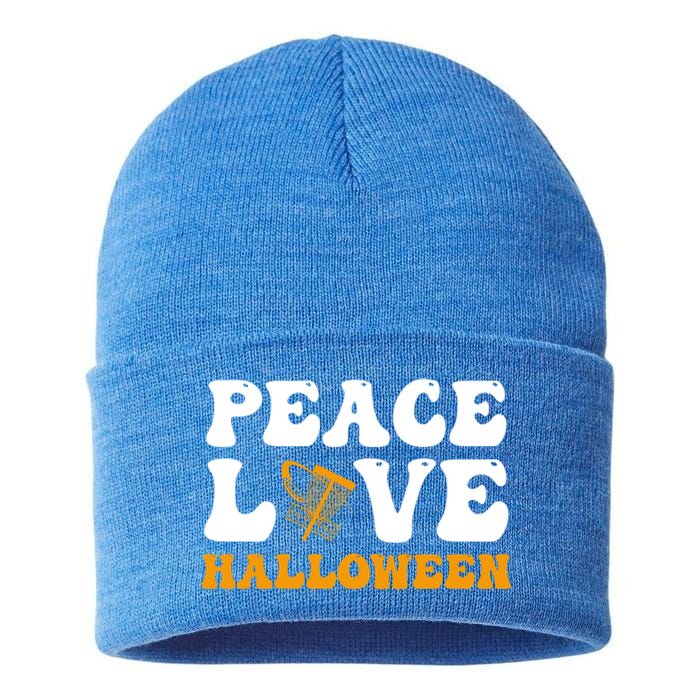 Funny Halloween Disc Golf Costume Peace Love Halloween Great Gift Sustainable Knit Beanie