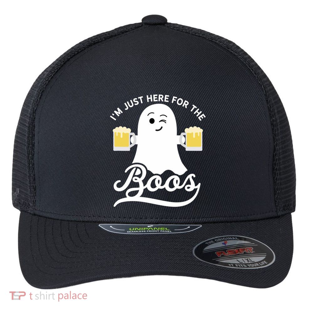 Funny Halloween Drinking Beer IM Just Here For The Boos Flexfit Unipanel Trucker Cap