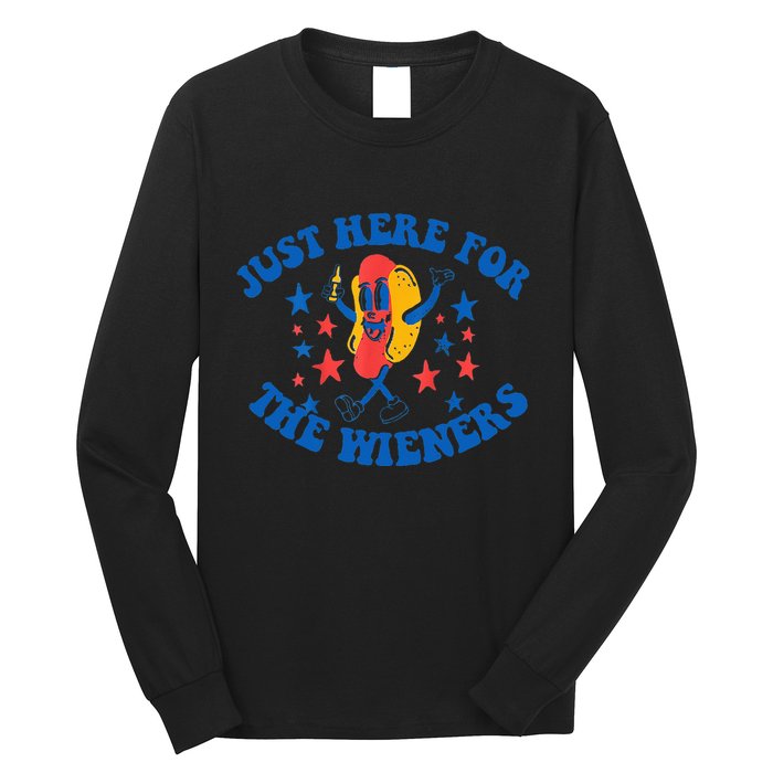 Funny Hot Dog Just Here For The Wieners 4Th Of July Long Sleeve Shirt