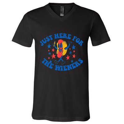 Funny Hot Dog Just Here For The Wieners 4Th Of July V-Neck T-Shirt