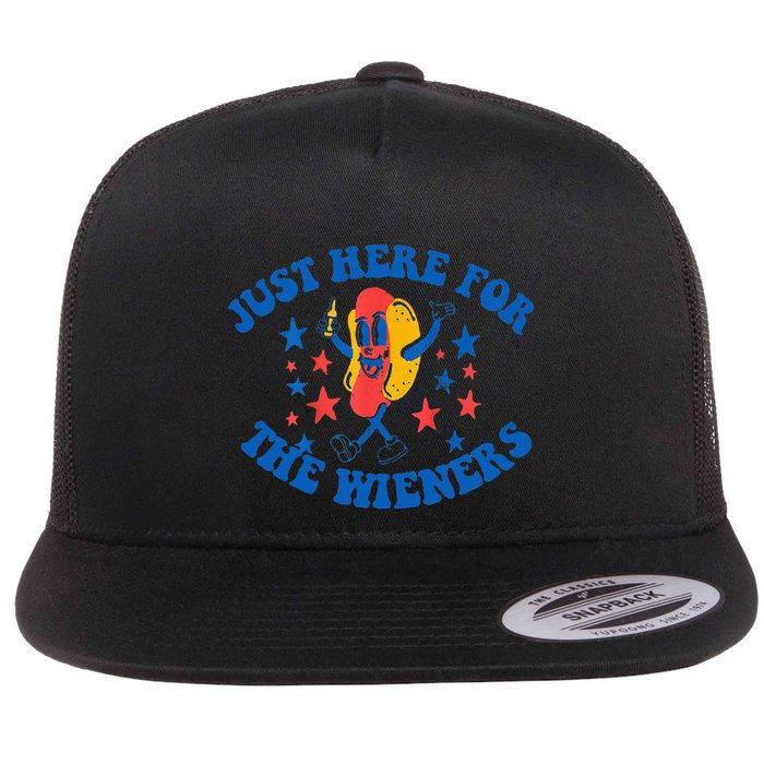 Funny Hot Dog Just Here For The Wieners 4Th Of July Flat Bill Trucker Hat