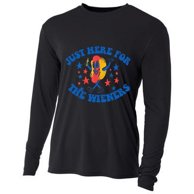 Funny Hot Dog Just Here For The Wieners 4Th Of July Cooling Performance Long Sleeve Crew