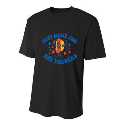 Funny Hot Dog Just Here For The Wieners 4Th Of July Youth Performance Sprint T-Shirt