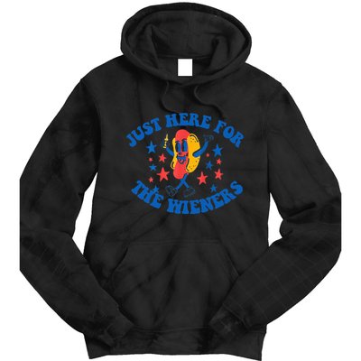 Funny Hot Dog Just Here For The Wieners 4Th Of July Tie Dye Hoodie