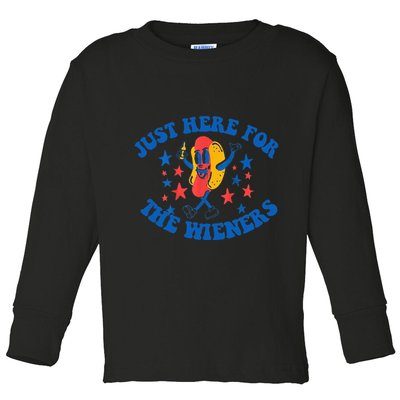 Funny Hot Dog Just Here For The Wieners 4Th Of July Toddler Long Sleeve Shirt