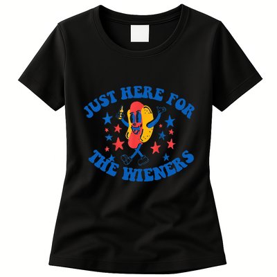 Funny Hot Dog Just Here For The Wieners 4Th Of July Womens T-Shirt