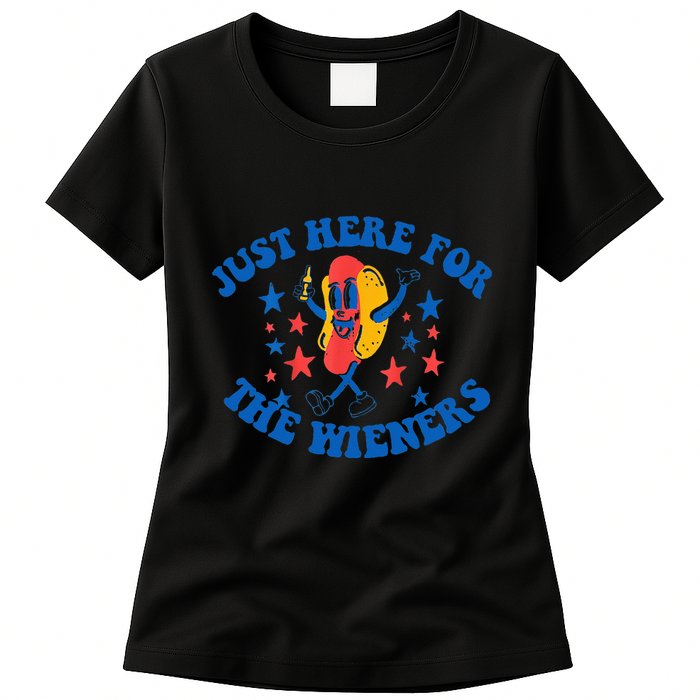 Funny Hot Dog Just Here For The Wieners 4Th Of July Womens T-Shirt