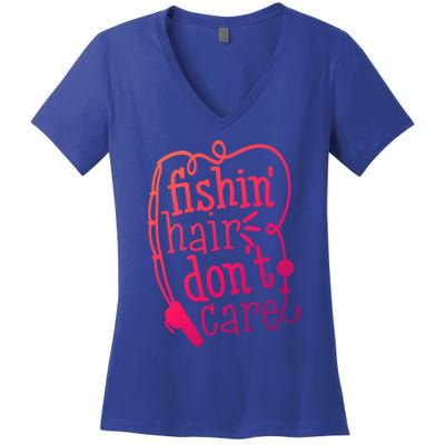 Fishin Hair Dont Care Funny Fishing Trip Outfit Cool Gift Women's V-Neck T-Shirt