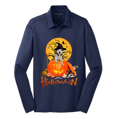 Funny Husky Dog Spooky Halloween Silk Touch Performance Long Sleeve Polo