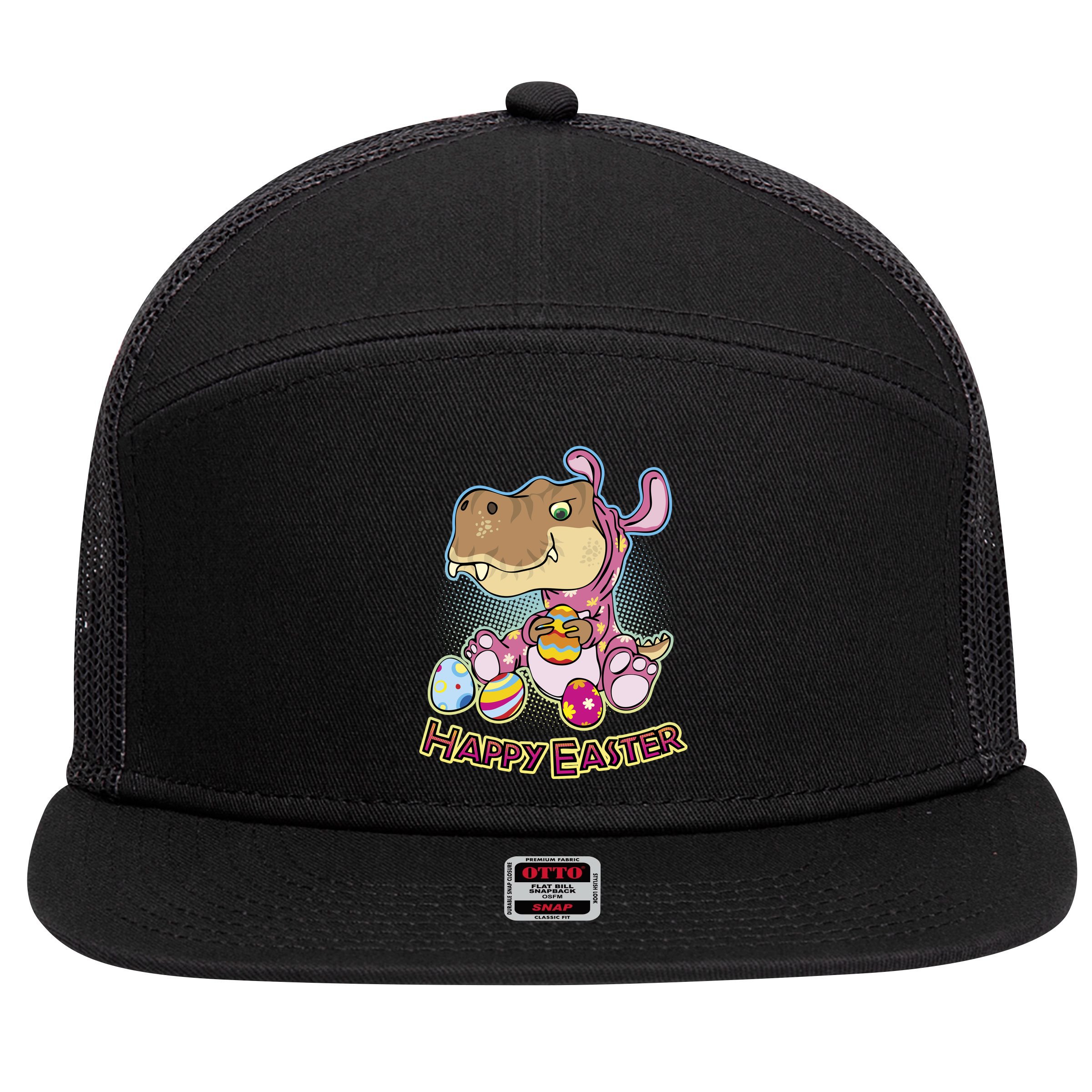 Funny Happy Easter Dinosaur Easter Bunny Costume 7 Panel Mesh Trucker Snapback Hat