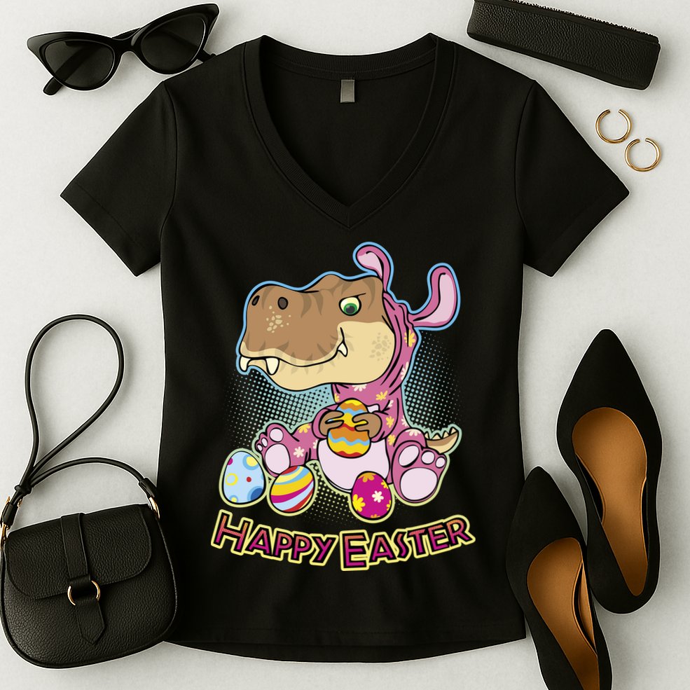 Funny Happy Easter Dinosaur Easter Bunny Costume Women's V-Neck T-Shirt