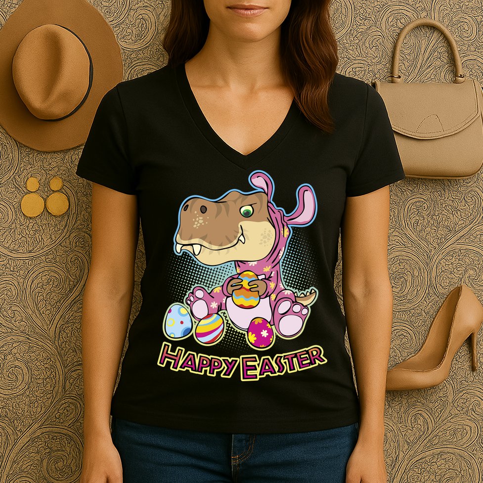 Funny Happy Easter Dinosaur Easter Bunny Costume Women's V-Neck T-Shirt