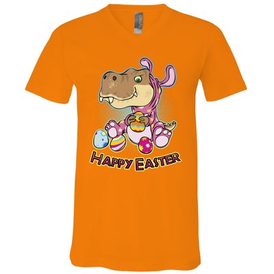 Funny Happy Easter Dinosaur Easter Bunny Costume V-Neck T-Shirt