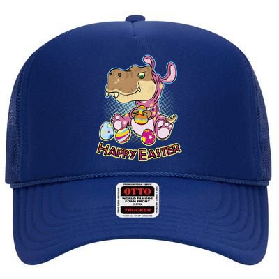 Funny Happy Easter Dinosaur Easter Bunny Costume High Crown Mesh Back Trucker Hat