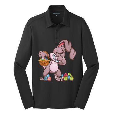 Funny Happy Easter Dabbing Bunny Basket Eggs Silk Touch Performance Long Sleeve Polo