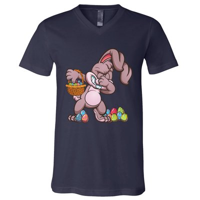 Funny Happy Easter Dabbing Bunny Basket Eggs V-Neck T-Shirt