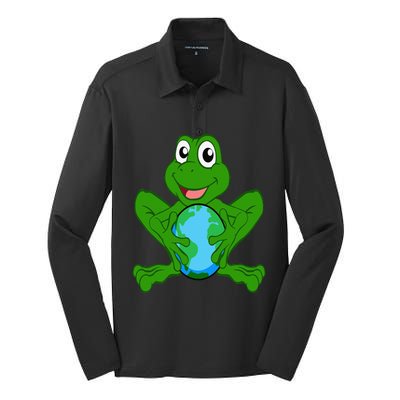 Frog Holding Earth Day Cute Animal Save The Planet Silk Touch Performance Long Sleeve Polo