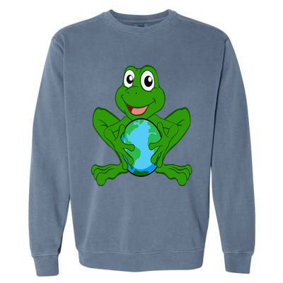 Frog Holding Earth Day Cute Animal Save The Planet Garment-Dyed Sweatshirt