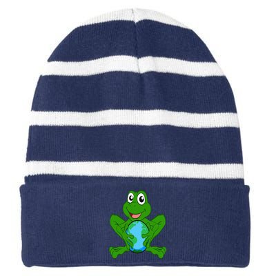 Frog Holding Earth Day Cute Animal Save The Planet Striped Beanie with Solid Band