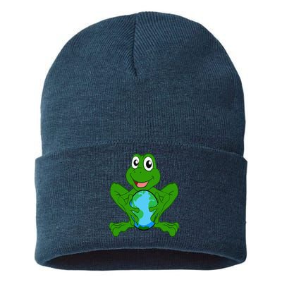 Frog Holding Earth Day Cute Animal Save The Planet Sustainable Knit Beanie