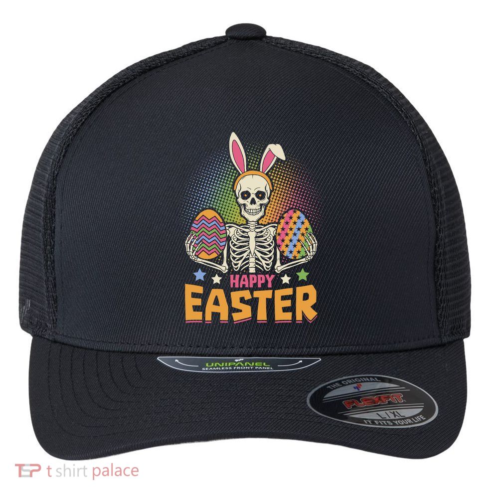 Funny Happy Easter Spooky Skeleton with Bunny Ears Flexfit Unipanel Trucker Cap