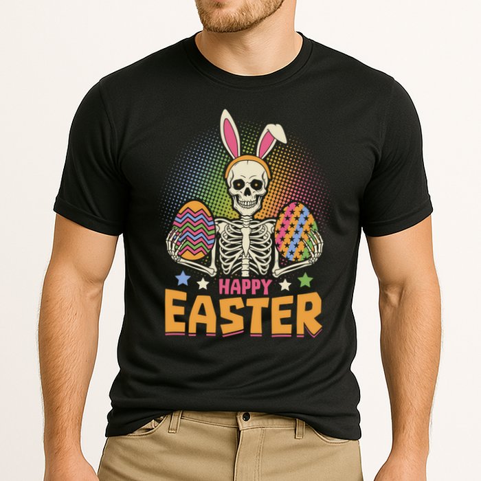 Funny Happy Easter Spooky Skeleton with Bunny Ears Performance Shirt
