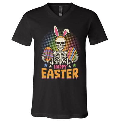 Funny Happy Easter Spooky Skeleton with Bunny Ears V-Neck T-Shirt