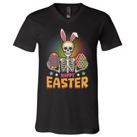 Funny Happy Easter Spooky Skeleton with Bunny Ears V-Neck T-Shirt