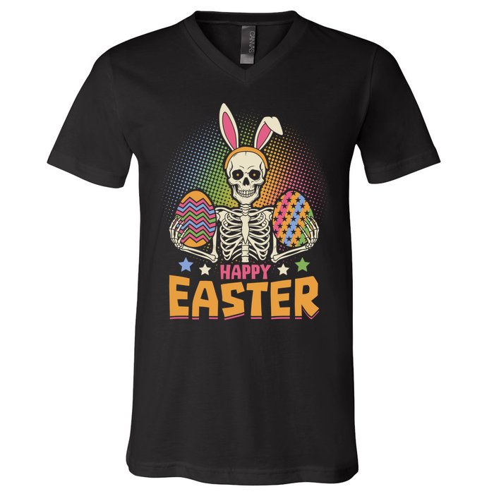 Funny Happy Easter Spooky Skeleton with Bunny Ears V-Neck T-Shirt