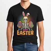 Funny Happy Easter Spooky Skeleton with Bunny Ears V-Neck T-Shirt