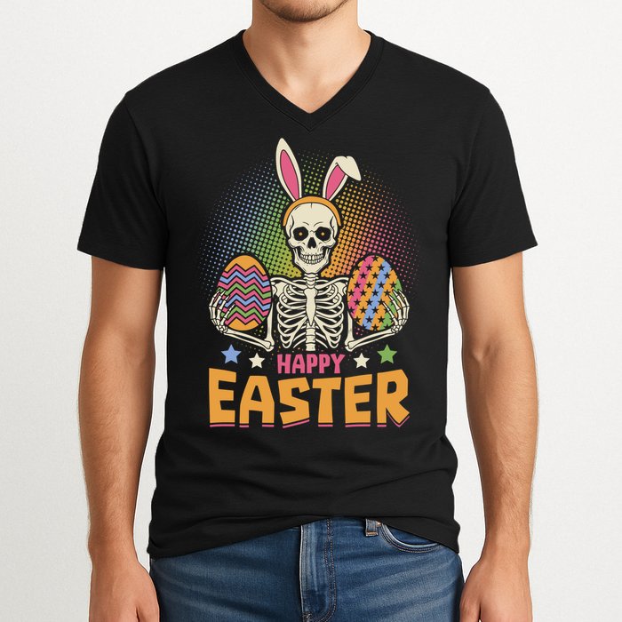 Funny Happy Easter Spooky Skeleton with Bunny Ears V-Neck T-Shirt