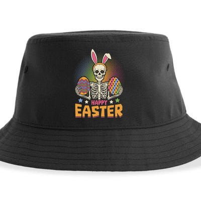 Funny Happy Easter Spooky Skeleton with Bunny Ears Sustainable Bucket Hat