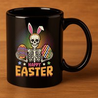 Funny Happy Easter Spooky Skeleton with Bunny Ears 11oz C Handle Ceramic Mug