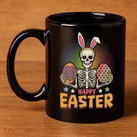 Funny Happy Easter Spooky Skeleton with Bunny Ears 11oz C Handle Ceramic Mug