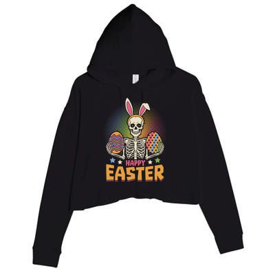 Funny Happy Easter Spooky Skeleton with Bunny Ears Crop Fleece Hoodie