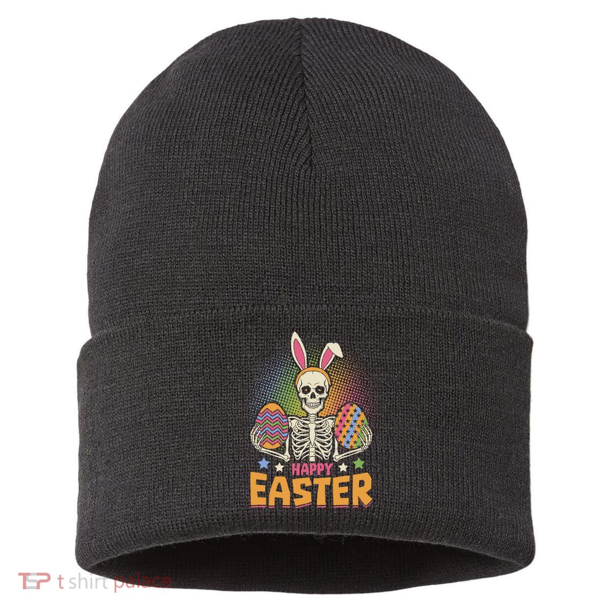 Funny Happy Easter Spooky Skeleton with Bunny Ears Sustainable Knit Beanie