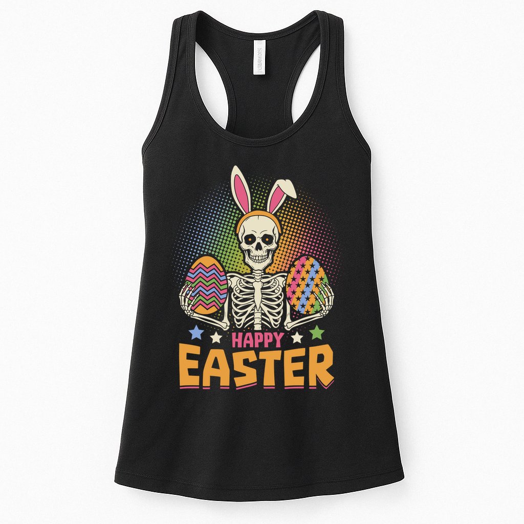 Funny Happy Easter Spooky Skeleton with Bunny Ears Womens Tank Top