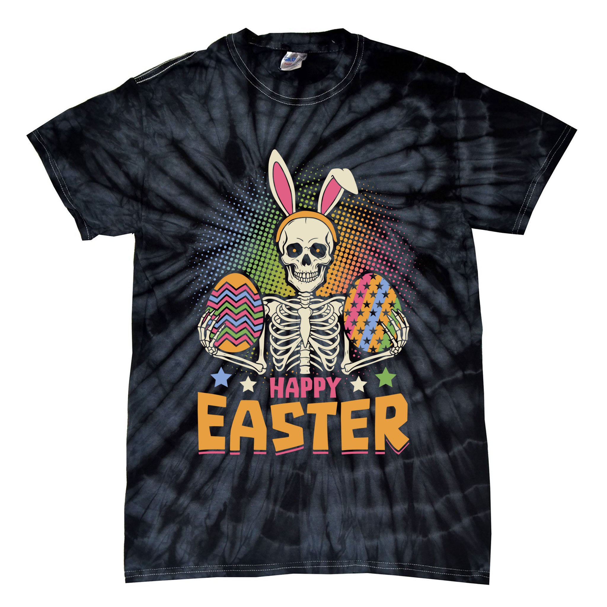 Funny Happy Easter Spooky Skeleton with Bunny Ears Tie-Dye T-Shirt