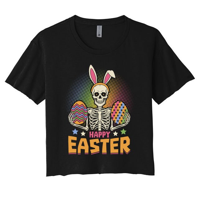 Funny Happy Easter Spooky Skeleton with Bunny Ears Crop Top