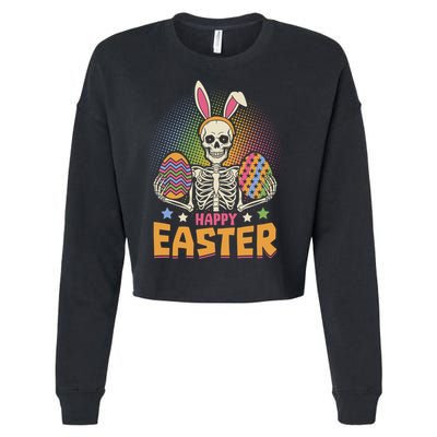 Funny Happy Easter Spooky Skeleton with Bunny Ears Cropped Pullover Crew