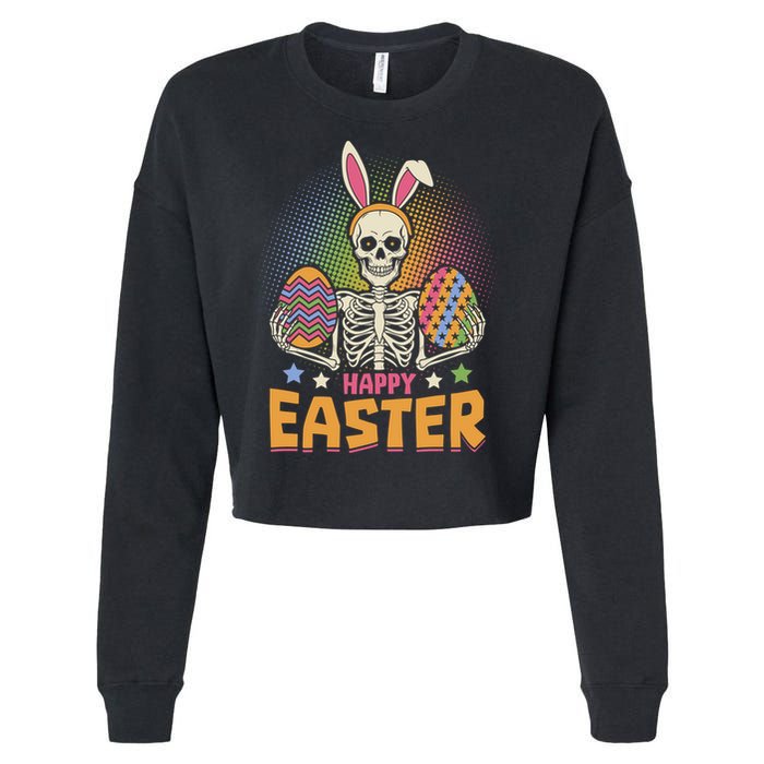 Funny Happy Easter Spooky Skeleton with Bunny Ears Cropped Pullover Crew