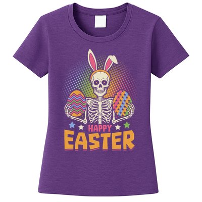 Funny Happy Easter Spooky Skeleton with Bunny Ears Womens T-Shirt