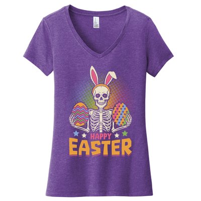 Funny Happy Easter Spooky Skeleton with Bunny Ears Women's V-Neck T-Shirt