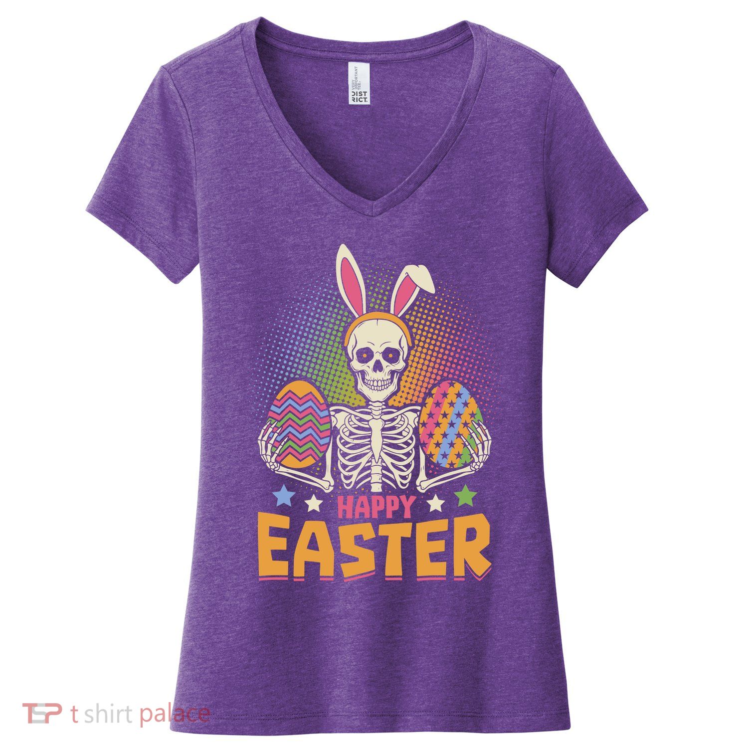 Funny Happy Easter Spooky Skeleton with Bunny Ears Women's V-Neck T-Shirt