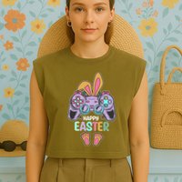 Funny Happy Easter Gamer Bunny Rabbit Controller Garment-Dyed Women's Muscle Tee