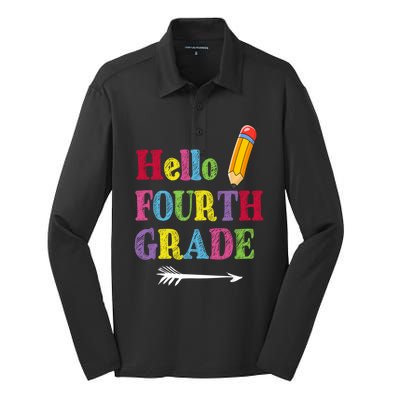 Funny Hello Fourth Grade Funny Back To The School Silk Touch Performance Long Sleeve Polo