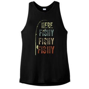 Fishing Here Fishy Bass Dad Ladies PosiCharge Tri-Blend Wicking Tank