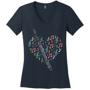 Flute Heart Flute Player Flutist Marching Band Music Women's V-Neck T-Shirt