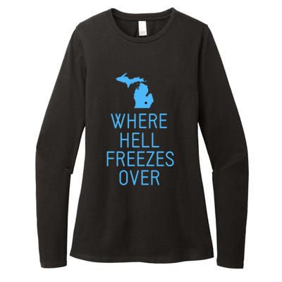 Funny Hell Freezes Michigan Michigander Great Lakes Map Gift Womens CVC Long Sleeve Shirt